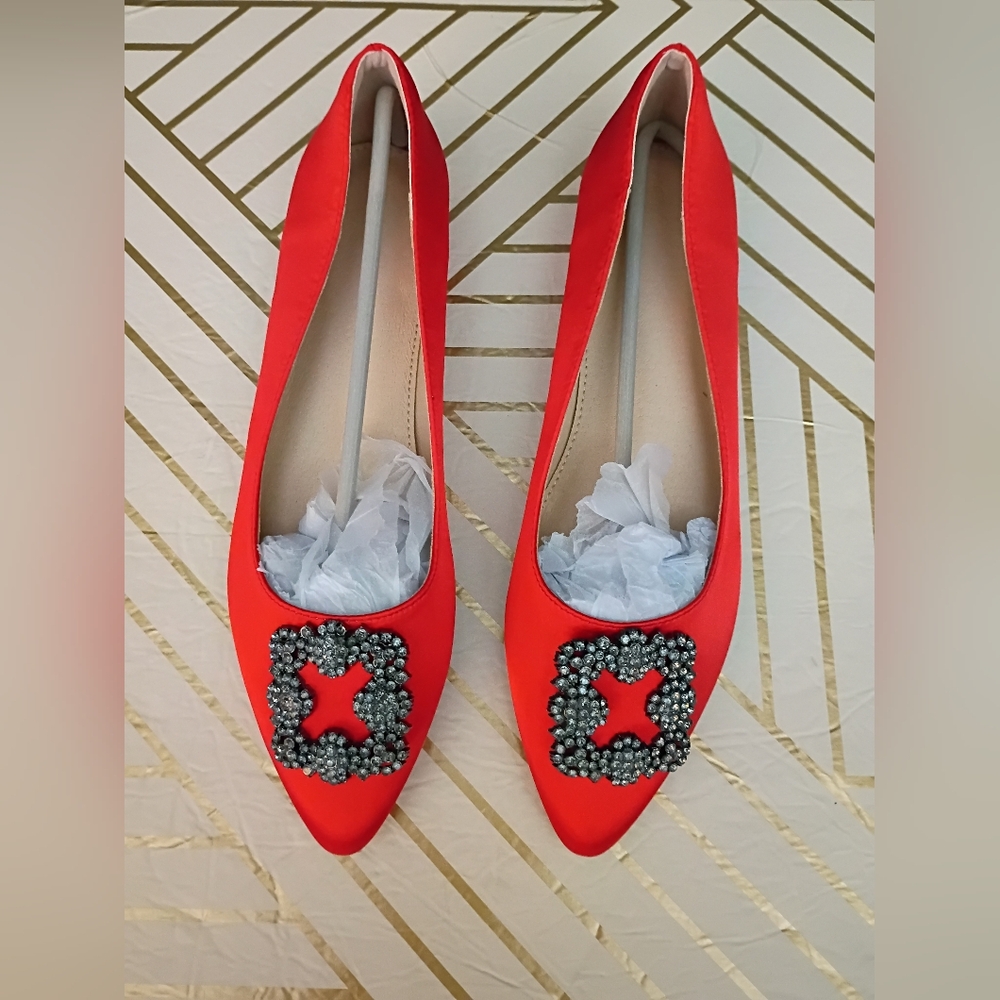 Elegant Red Women's Flats with Embellished Detail